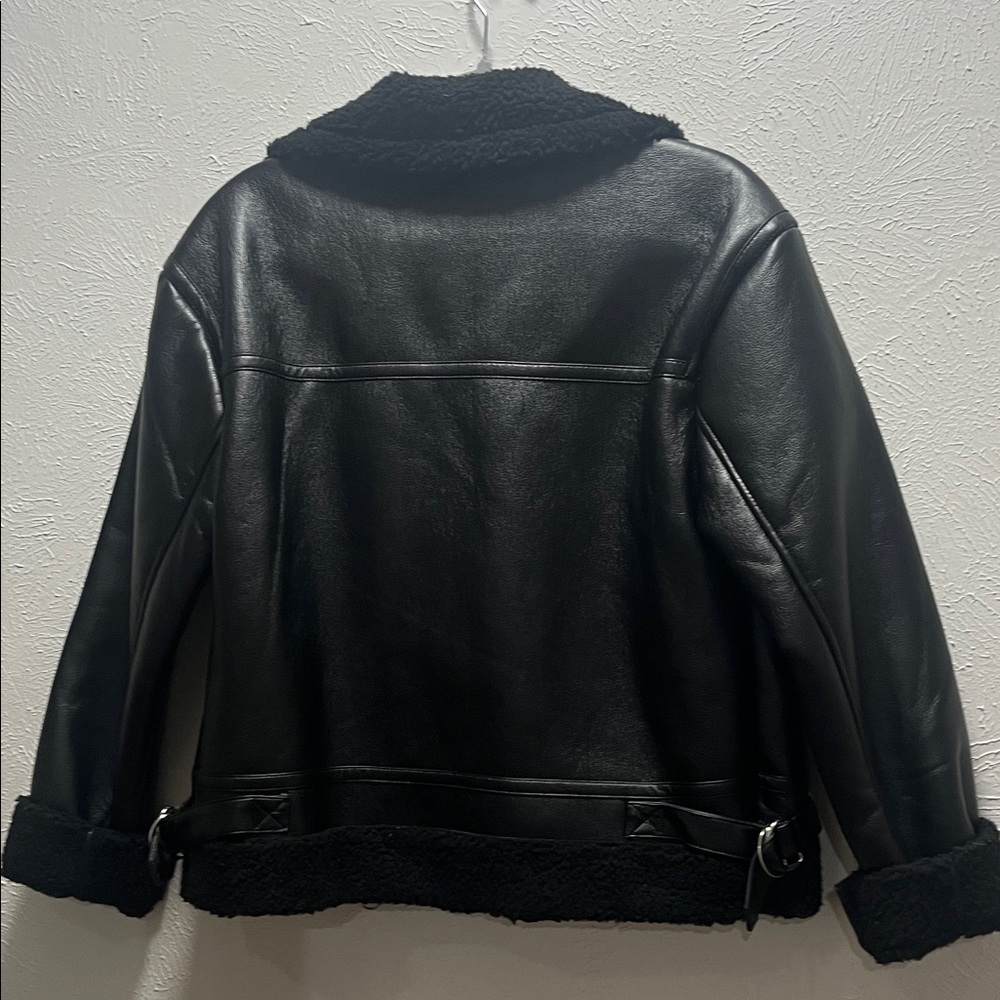 Black Faux Shearling Moto Biker Jacket Cropped Sherpa Lined - Picture 8 of 9